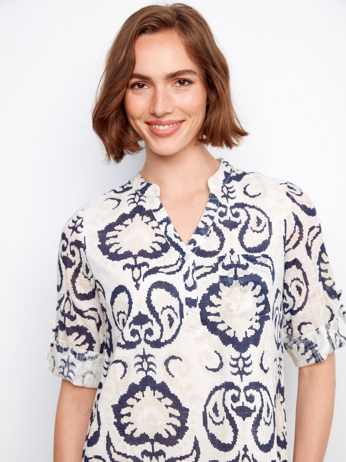 Robe chemise Henley imprimée en mélange de coton - Motif