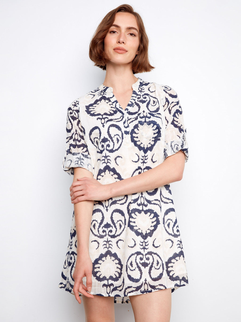 Robe chemise Henley imprimée en mélange de coton - Motif