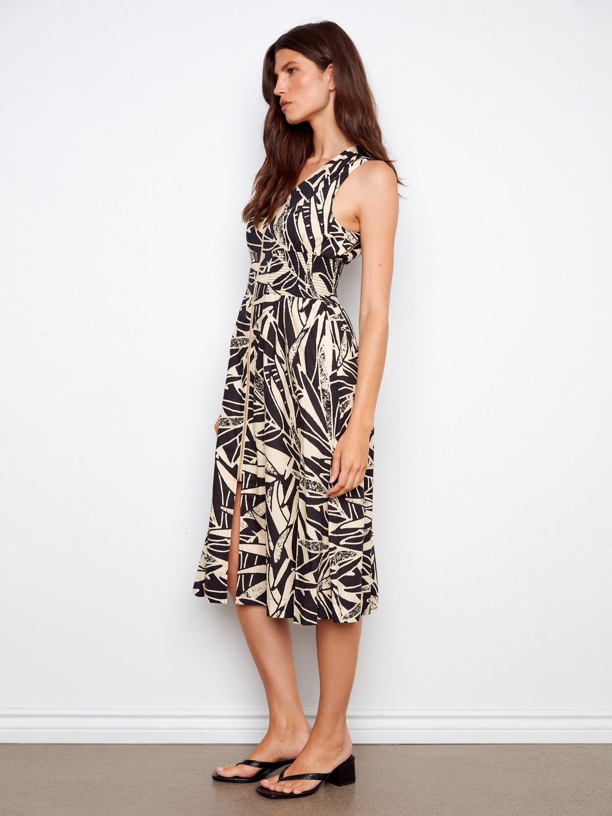 Robe midi à imprimé abstrait en voile de coton à fermeture éclair sur le devant