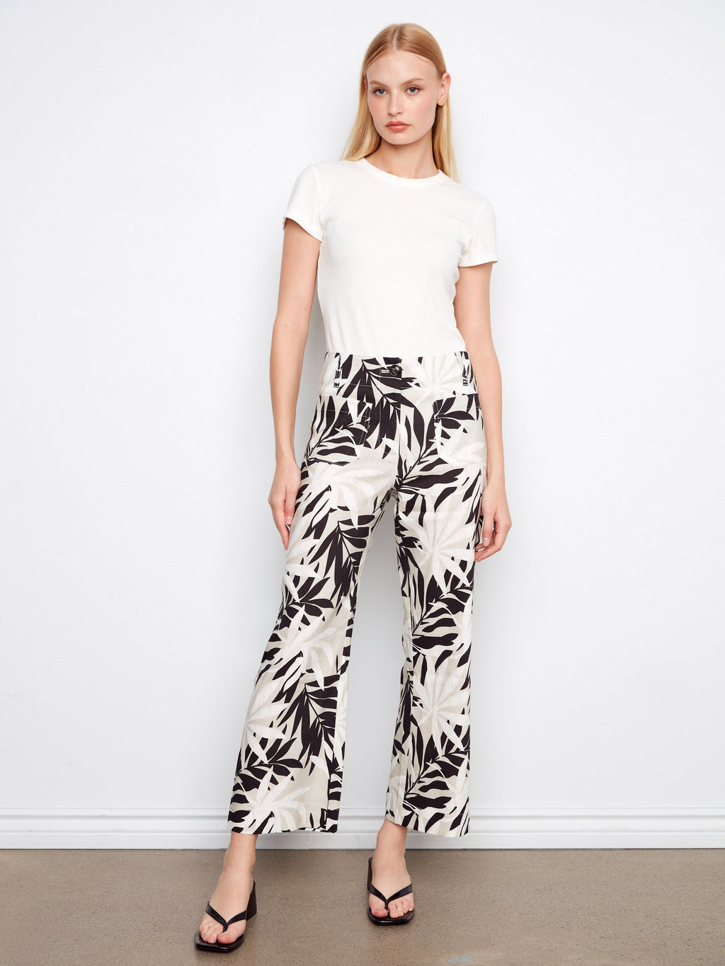 Pantalon court imprimé en mélange de lin - Imprimé feuilles noir et blanc