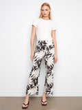 Pantalon court imprimé en mélange de lin - Imprimé feuilles noir et blanc