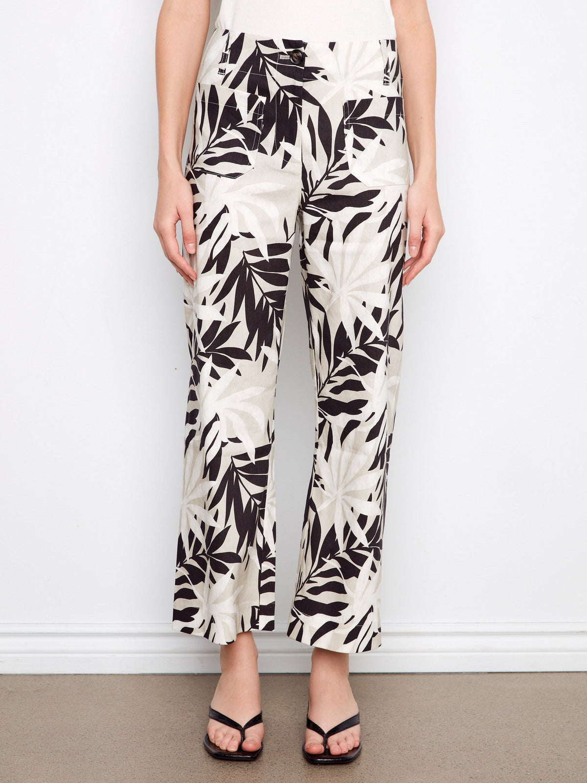 Pantalon court imprimé en mélange de lin - Imprimé feuilles noir et blanc