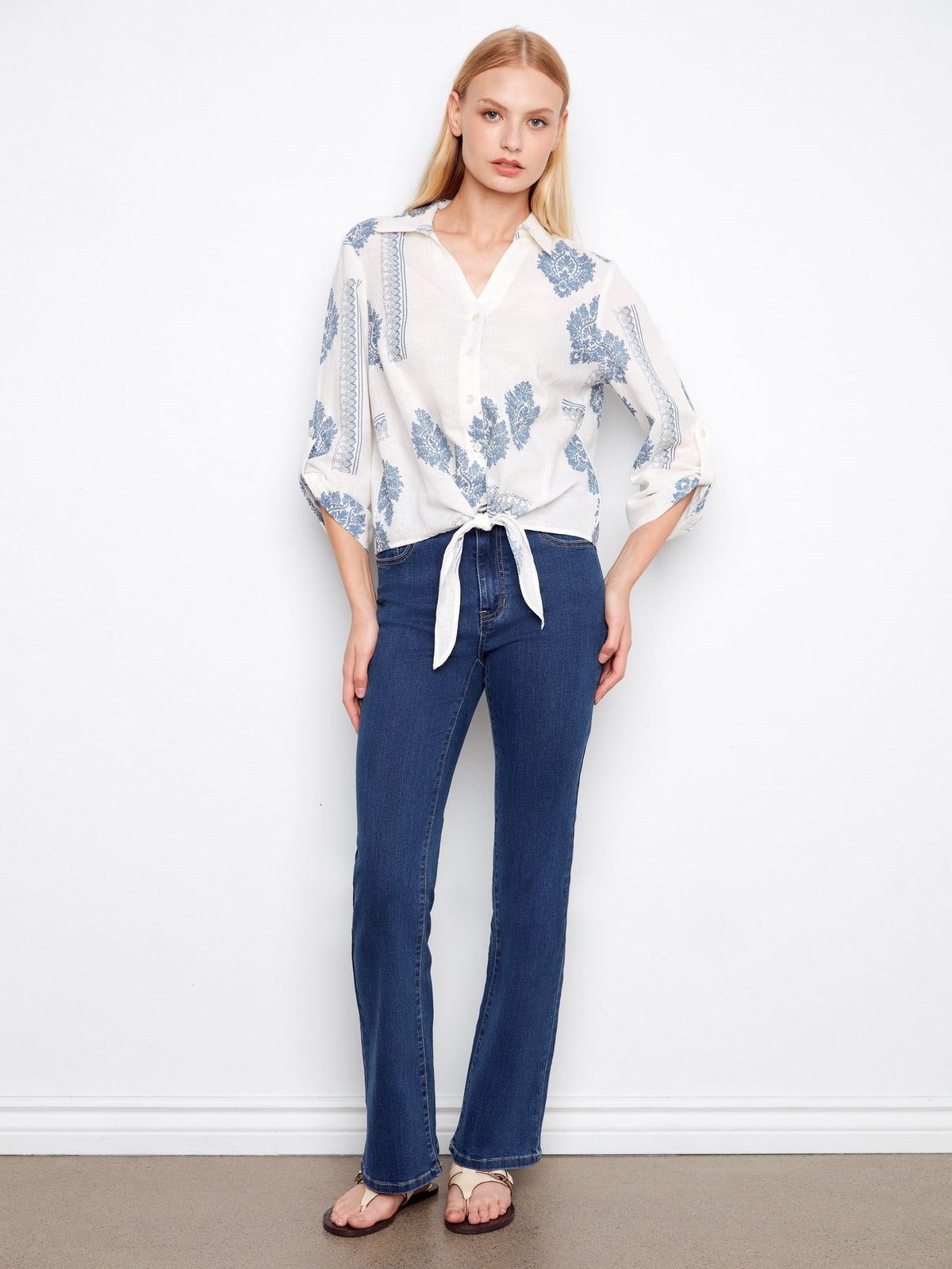 Chemisier Boutonné Imprimé en Lin Mélangé - Bleu