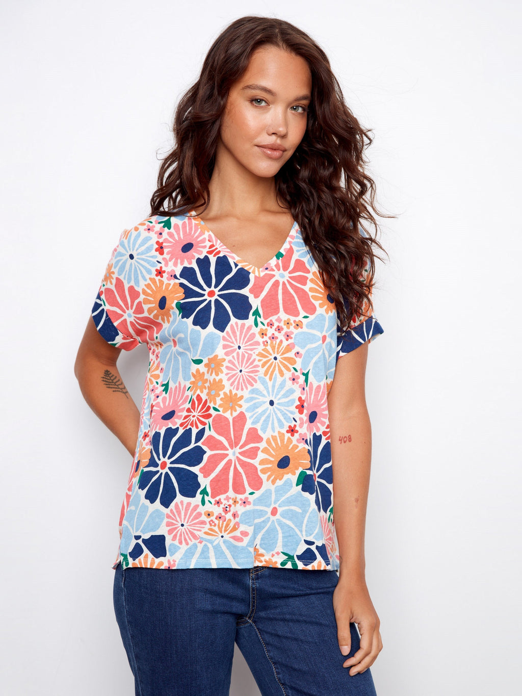T-shirt imprimé col en V manches courtes - Fleurs rétro