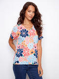 T-shirt imprimé col en V manches courtes - Fleurs rétro