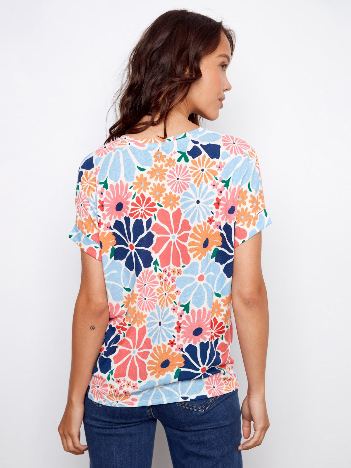 T-shirt imprimé col en V manches courtes - Fleurs rétro