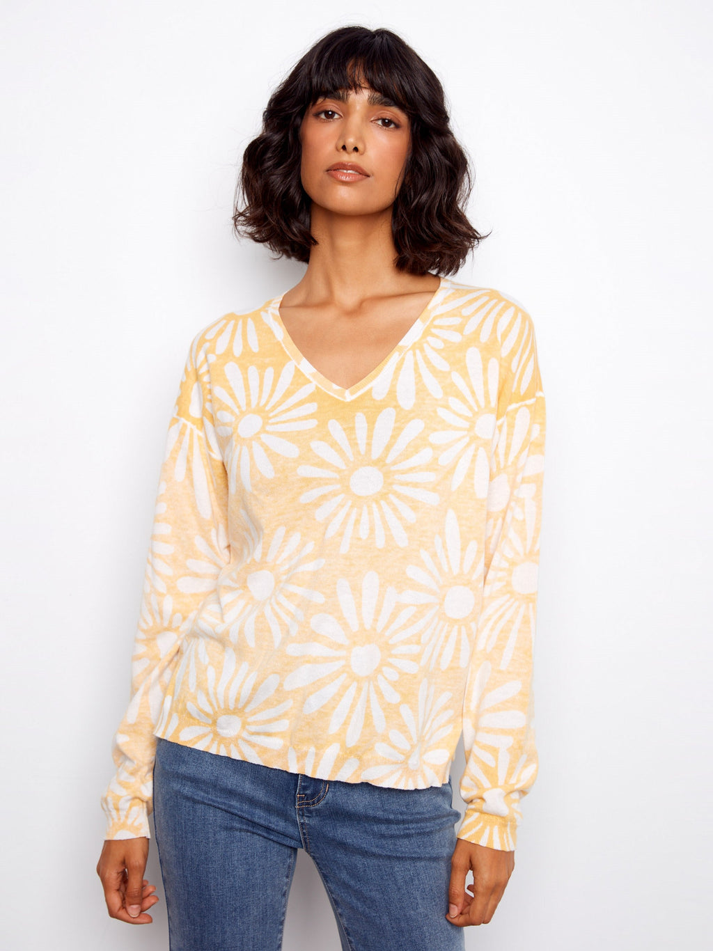 Pull réversible imprimé à col en V - Jaune