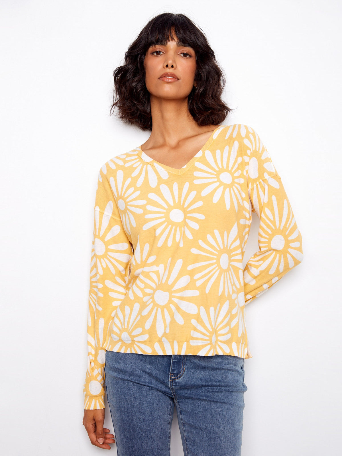 Pull réversible imprimé à col en V - Jaune