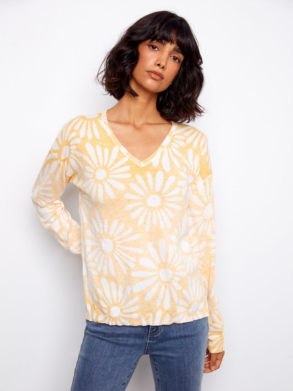 Pull réversible imprimé à col en V - Jaune