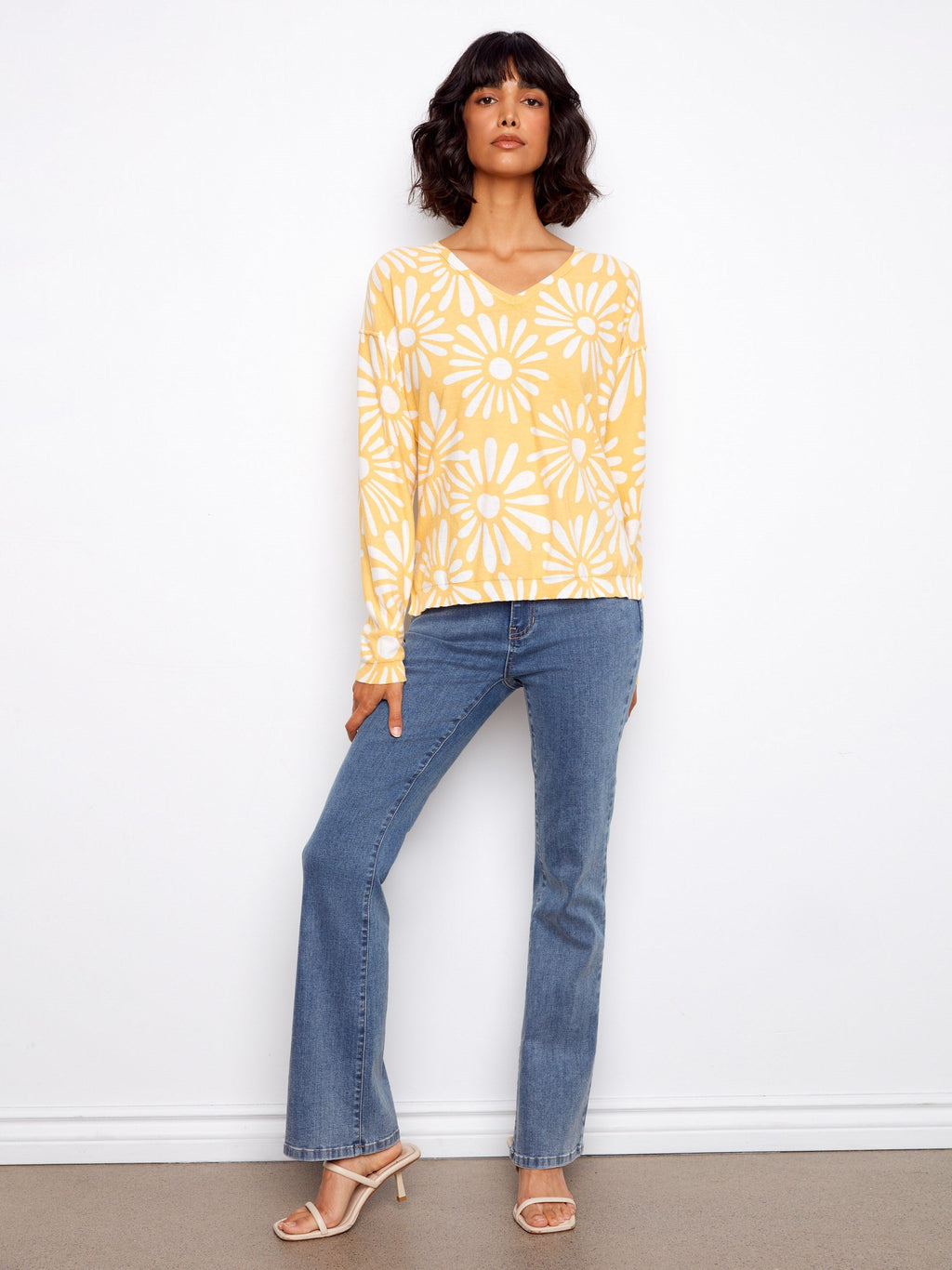 Pull réversible imprimé à col en V - Jaune