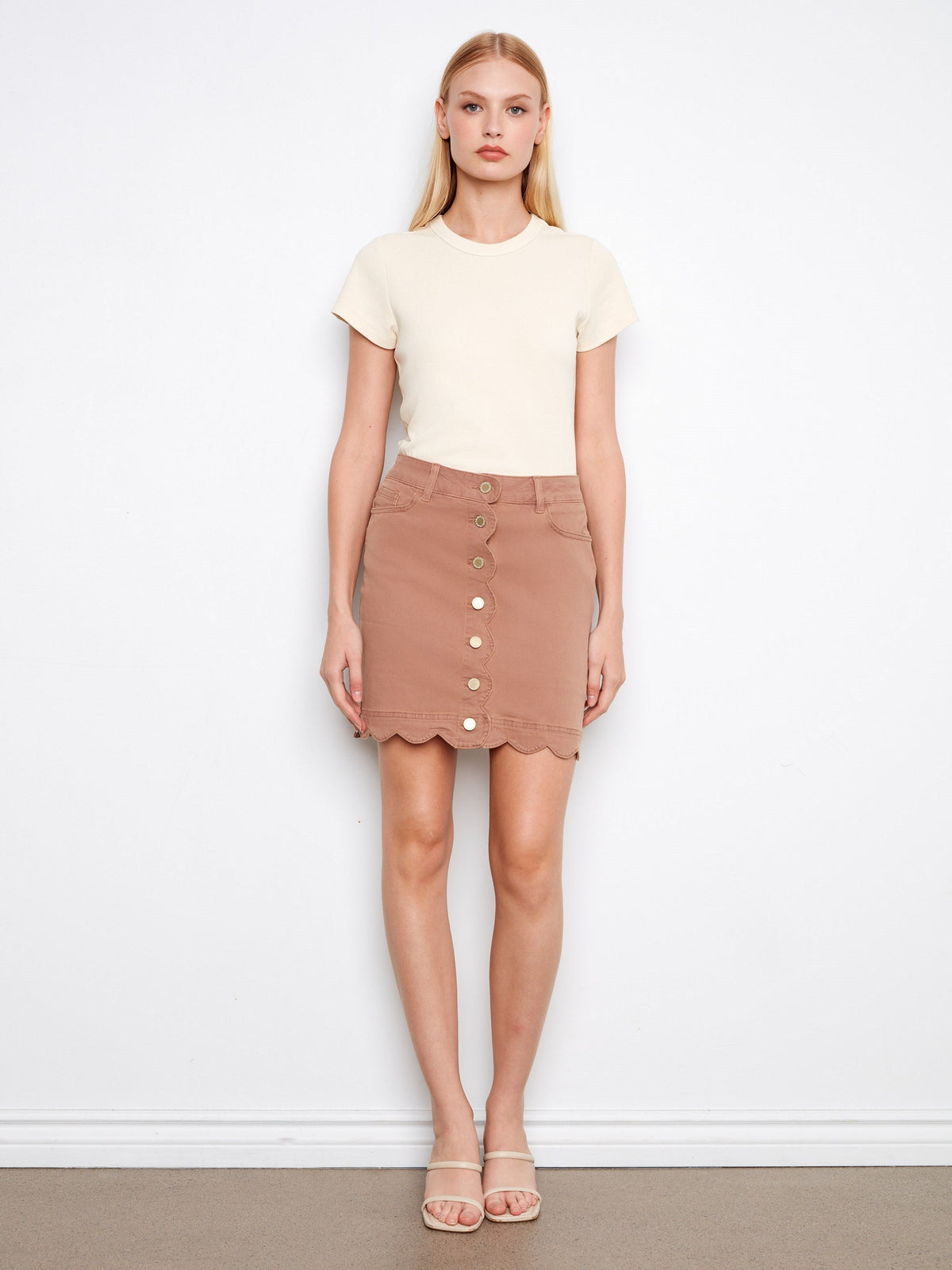 Jupe-culotte boutonnée en sergé à ourlet festonné - Marron