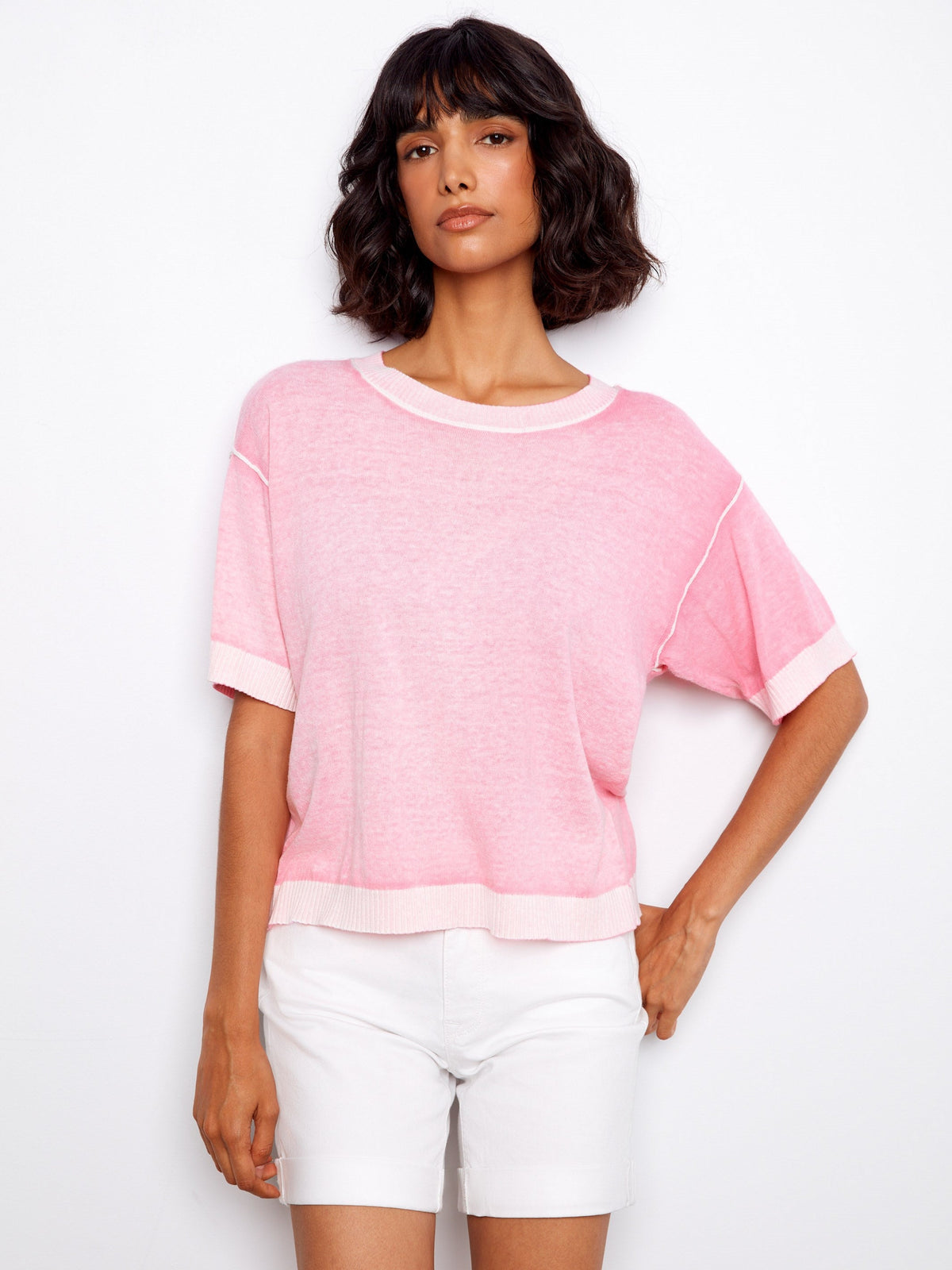 Pull à manches courtes et imprimé inversé - Rose