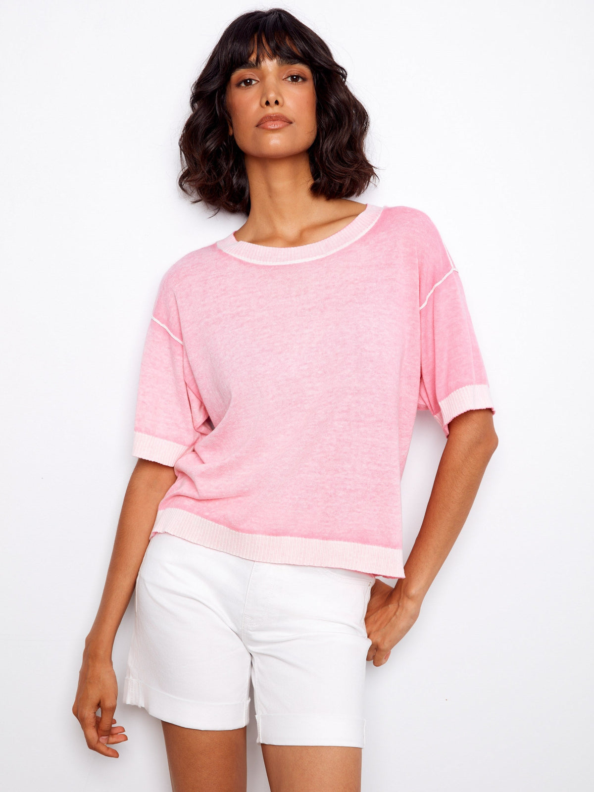 Pull à manches courtes et imprimé inversé - Rose