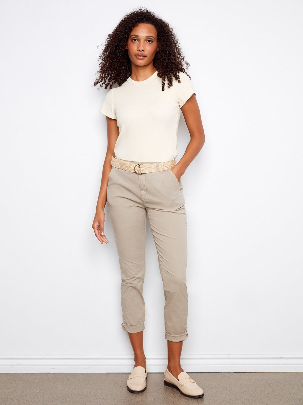 Pantalon Coupe Slim Avec Ceinture - Grège