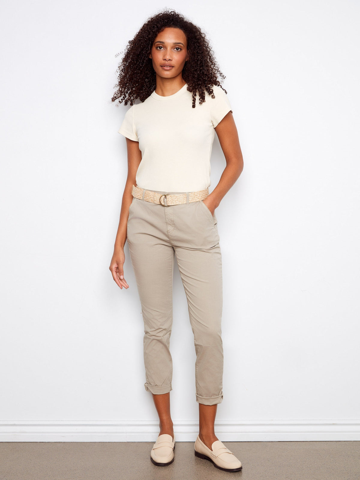 Pantalon Coupe Slim Avec Ceinture - Grège