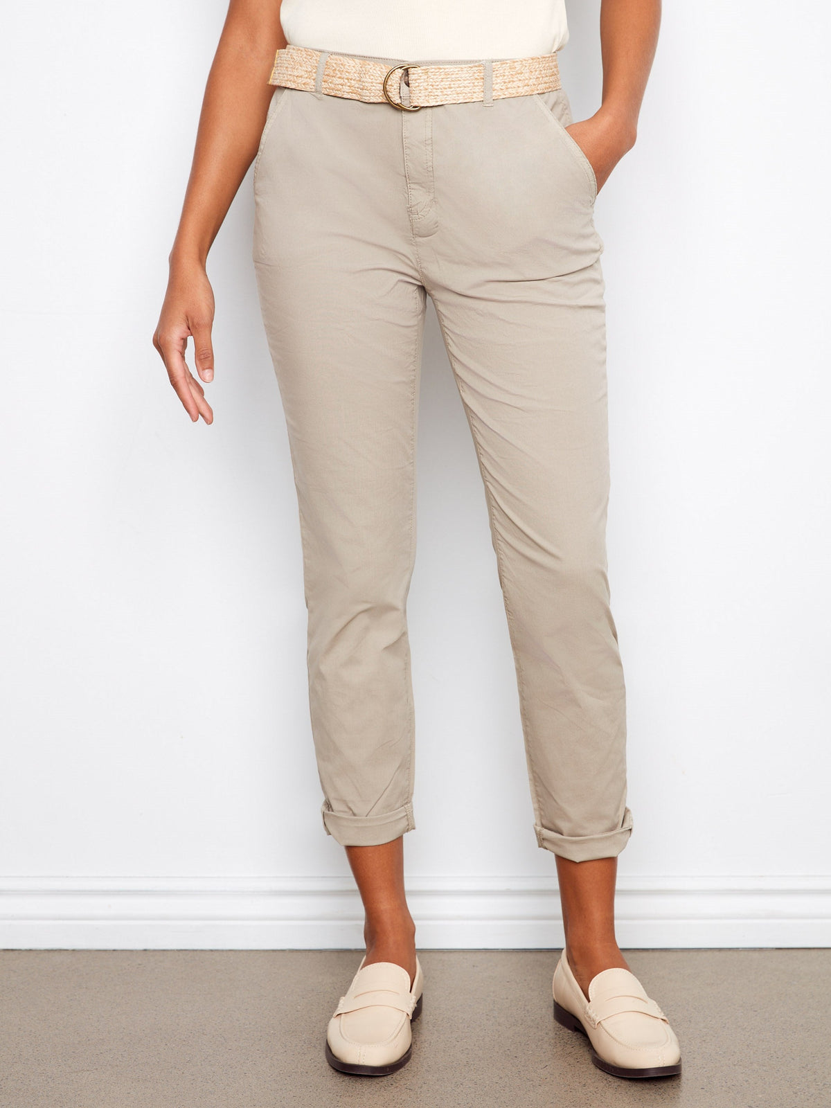 Pantalon Coupe Slim Avec Ceinture - Grège