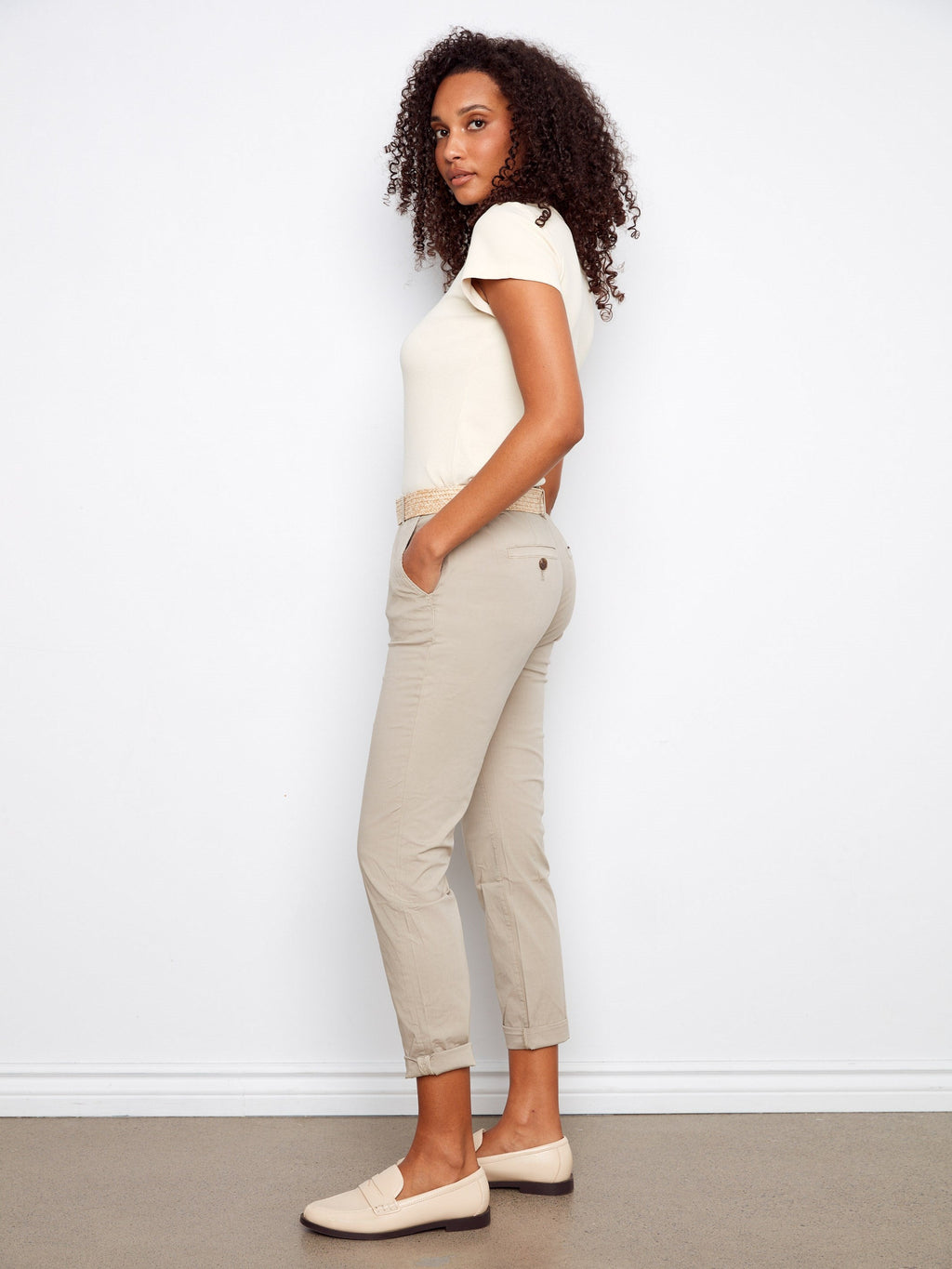 Pantalon Coupe Slim Avec Ceinture - Grège
