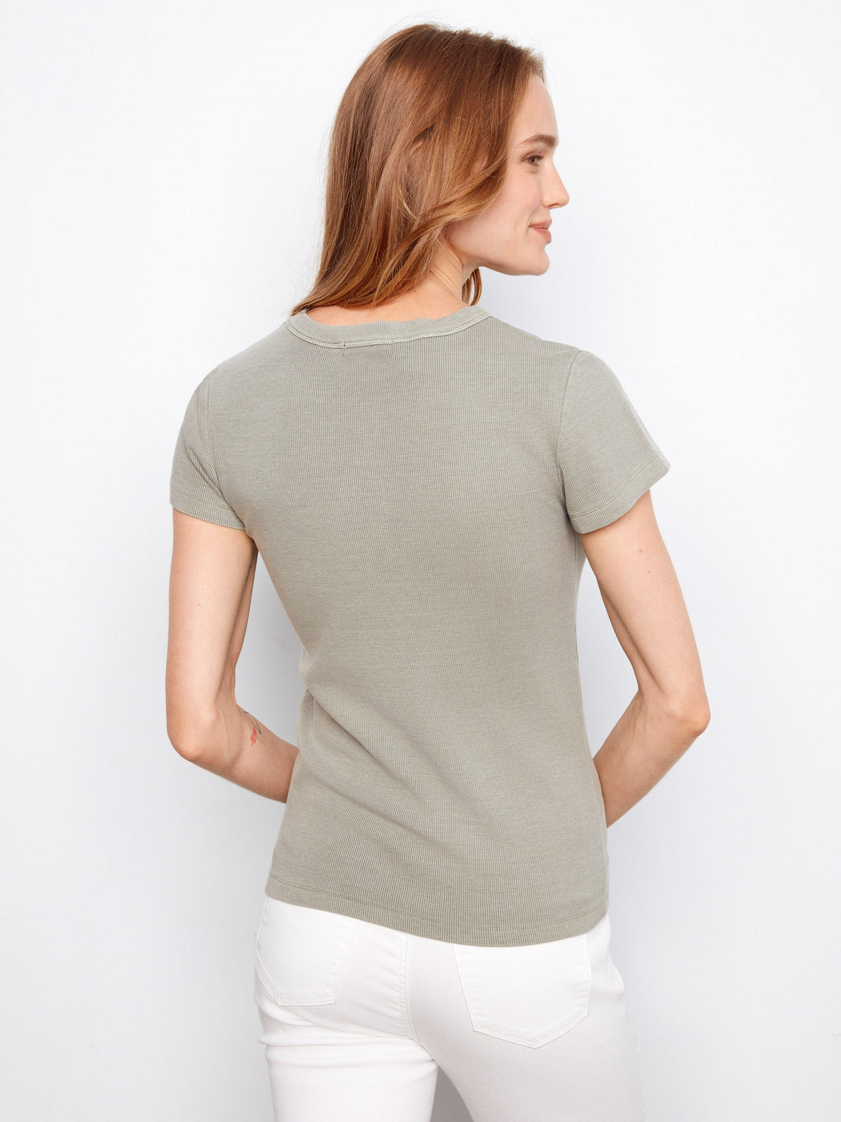 T-shirt côtelé doux à col rond - Sauge